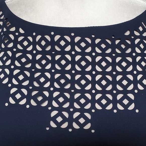 ANNE Klein Navy Blue Sleeveless Fit & Flare Lazer Cut Natural Waist Midi Dress - Picture 4 of 12